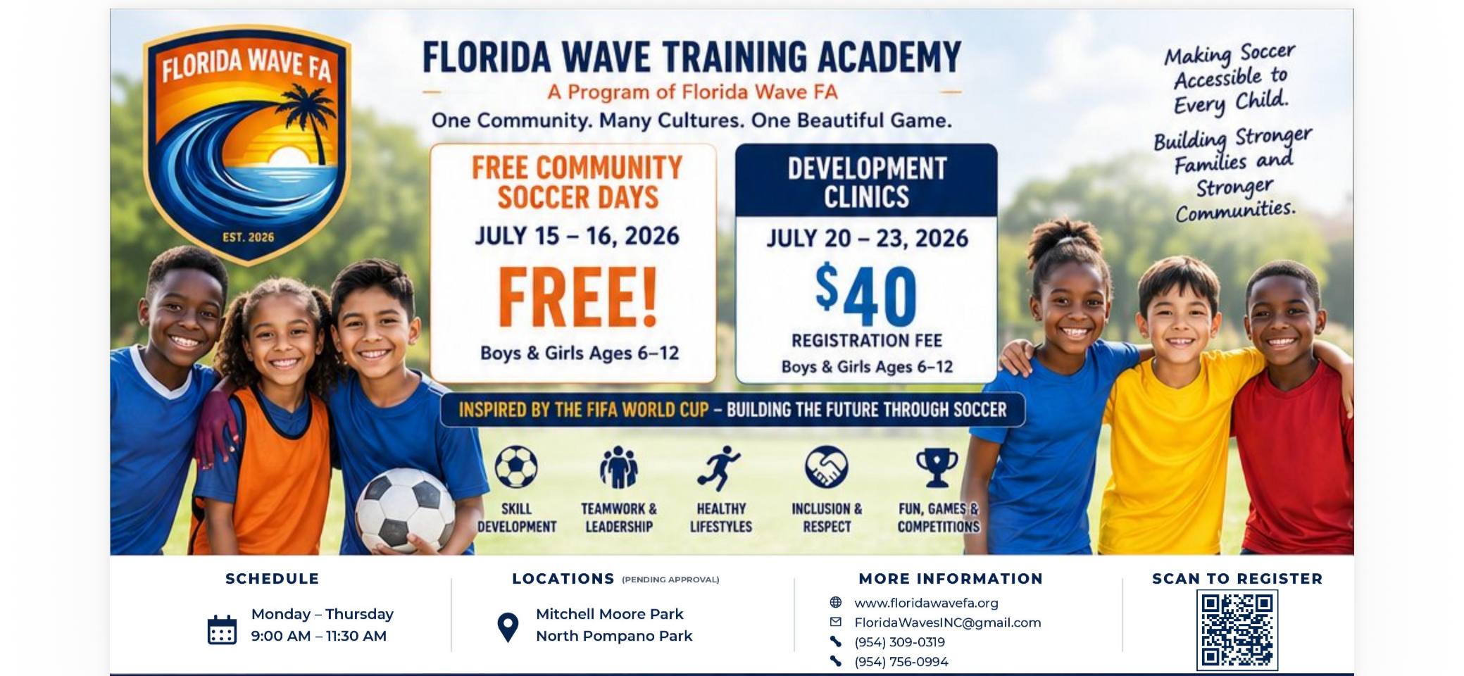 Florida Wave Training Academy Summer 2026 clinics flyer featuring free community soccer days and development clinics for boys and girls ages 6 to 12.